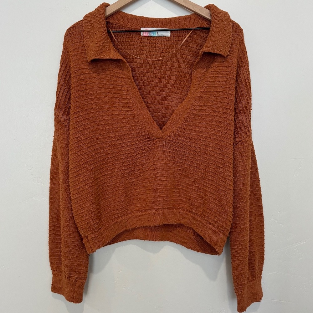 Free People Beach Carter Oversized Textured Sweater Rust Orange V-Neck S Slouchy